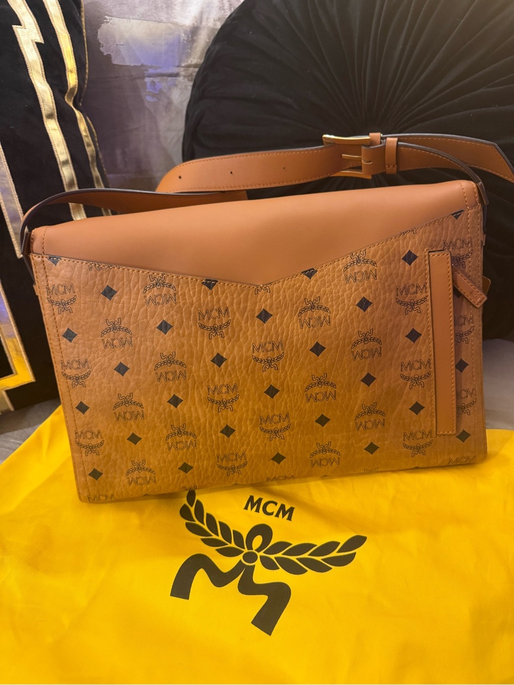 MCM Mustard Yellow Suede Interior with Embossed Leather Patch - Picture 9 of 16